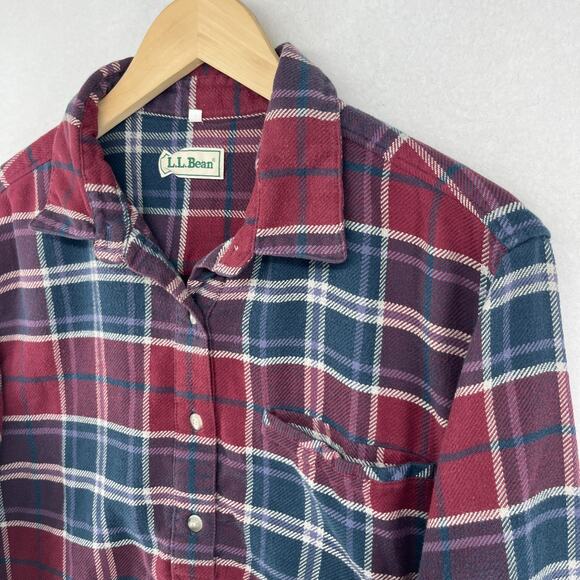 LL BEAN Shirt Womens L Flannel Plaid Cropped Crafted Popover Long Sleeve Red - Picture 6 of 14